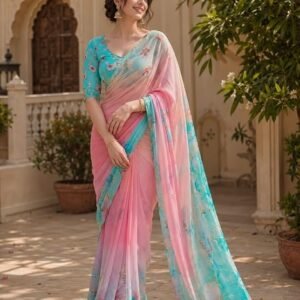 Womens Pure Georgette Printed with Aari Embroidery Saree