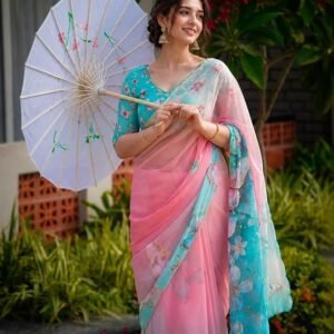 Womens Pure Georgette Printed with Aari Embroidery Saree
