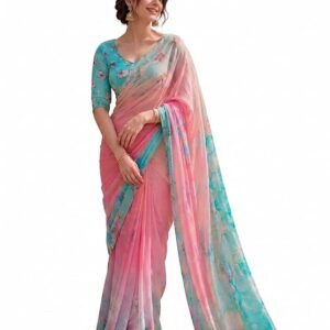 Womens Pure Georgette Printed with Aari Embroidery Saree