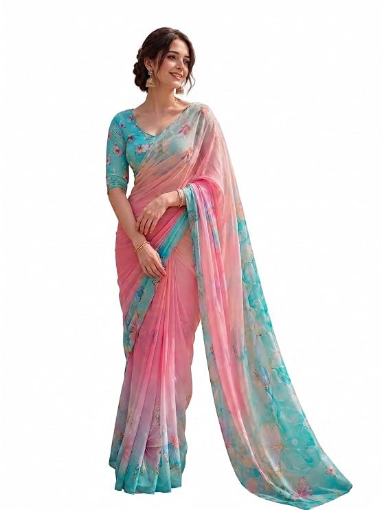 Womens Pure Georgette Printed with Aari Embroidery Saree