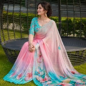 Womens Pure Georgette Printed with Aari Embroidery Saree